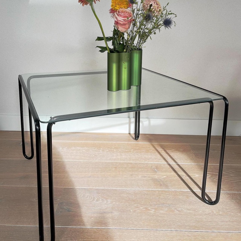 Vintage metalen en glas salontafel (verkocht)