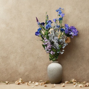 Kunstboeket in hemelsblauw in een witte vaas op een houten tafel – Blauwe woonaccessoires dé trend voor een eclectisch interieur