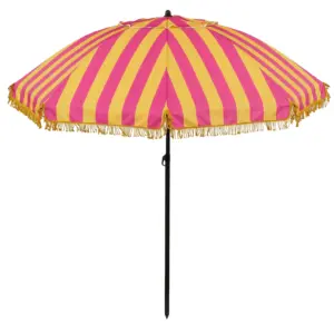 Vrolijk gekleurde parasols met franjes: dé zomerse trend van 2025 de interieurcharmeur fonq.nl roze geel gestreept