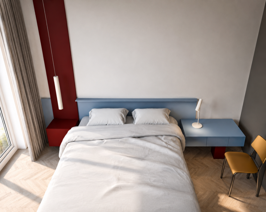 slaapkamer maatwerk interieur bouw burgundy blauw ontwerp binnenhuisarchitect