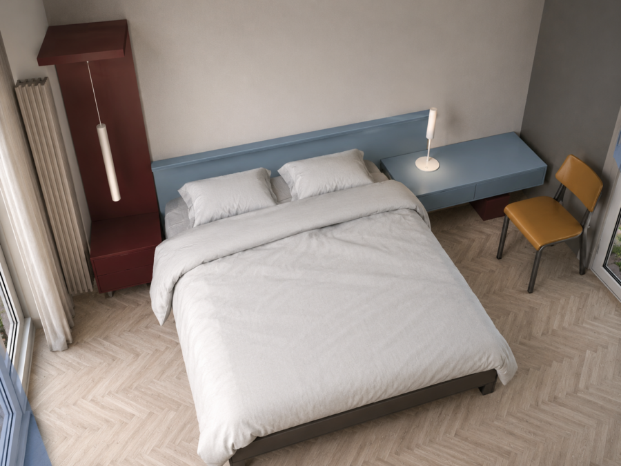 slaapkamer maatwerk interieur bouw burgundy blauw ontwerp binnenhuisarchitect