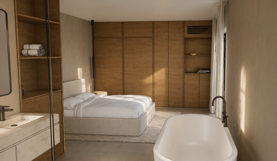 High-end badkamerontwerp bungalow Rotterdam — warm minimalistisch interieur met maatwerk sanitair