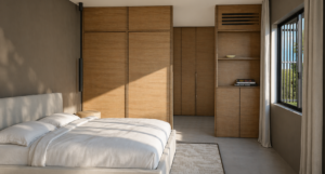 Luxe slaapkamer bungalow Pendrecht Rotterdam — warm minimalistisch interieurontwerp met maatwerk en sfeerverlichting