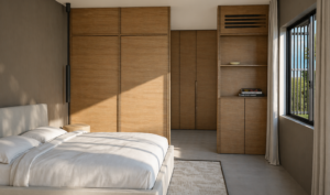 interieuradvies verbouwing restyling verhuizing Luxe slaapkamer bungalow Pendrecht Rotterdam — warm minimalistisch interieurontwerp met maatwerk en sfeerverlichting