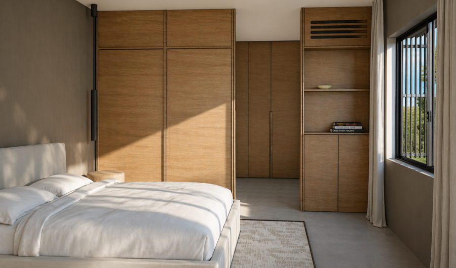 Luxe slaapkamer bungalow Pendrecht Rotterdam — warm minimalistisch interieurontwerp met maatwerk en sfeerverlichting