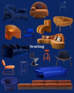 Cobalt & Clay moodboard zitmeubels in kobaltblauw en terracotta