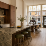 Interieurcharmeur Interieurontwerp appartement Rotterdam Noord met woonkeuken in notenhout en groen natuursteen