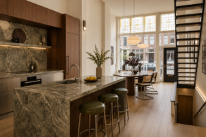 Interieurcharmeur Interieurontwerp appartement Rotterdam Noord met woonkeuken in notenhout en groen natuursteen