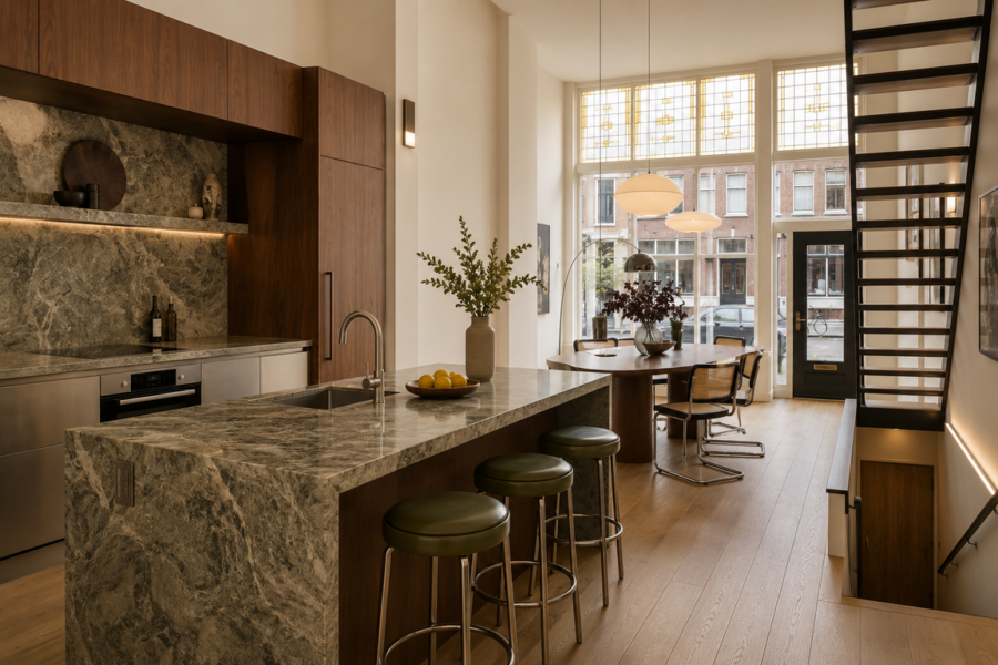 Interieurcharmeur Interieurontwerp appartement Rotterdam Noord met woonkeuken in notenhout en groen natuursteen