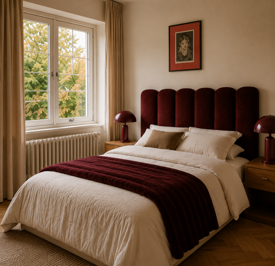 Interieurcharmeur Slaapkamer in Kralingen met bordeaux hoofdbord, warme beige tinten en houten vloer
