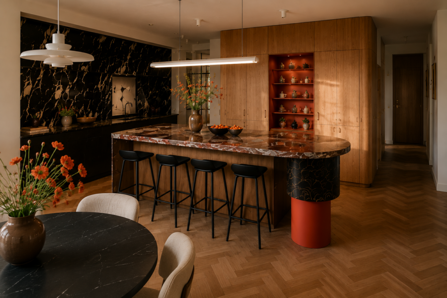 Interieurcharmeur Interieurontwerp woonkeuken in Kralingen Rotterdam met houten maatwerk en natuursteen