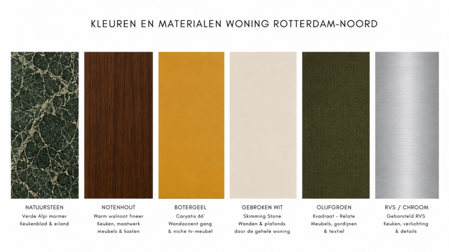 Interieurcharmeur Kleur- en materiaalconcept voor interieurontwerp in Rotterdam Noord met natuursteen, notenhout en olijfgroen