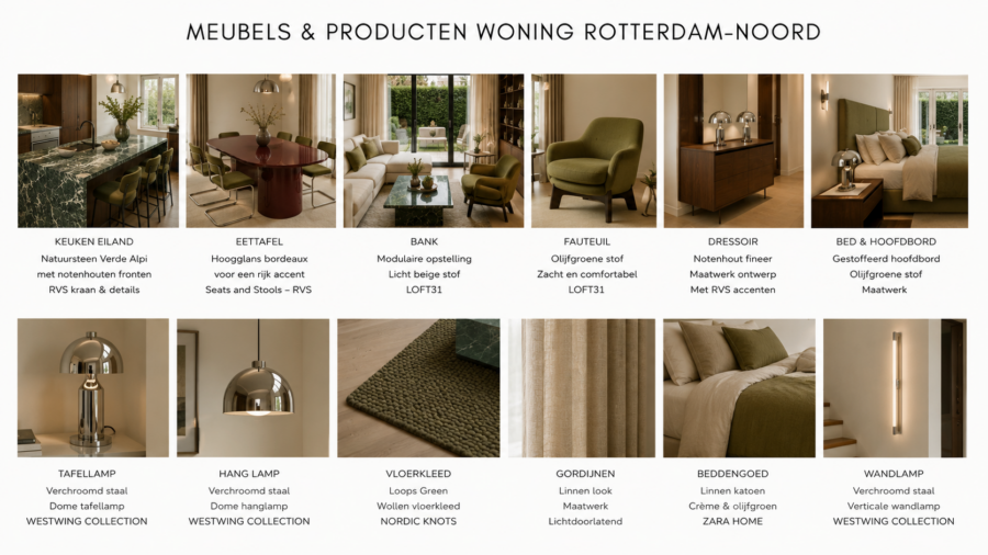 Interieurcharmeur Meubeladvies voor appartement in Rotterdam Noord met olijfgroen, notenhout, natuursteen en chroom