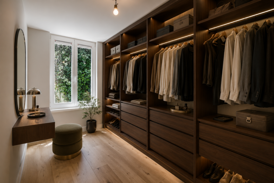Interieurcharmeur Walk-in closet in Rotterdam Noord met maatwerkkasten in donker notenhout en geïntegreerde verlichting
